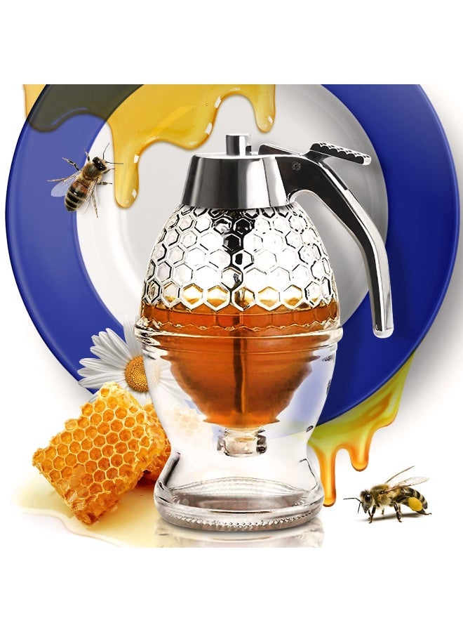 CLEVLI Honey Dispenser - No Drip Glass with Stand - Honey Jar - Clear Glass Honey Container with Dipper 8 Oz - Maple Syrup Dispenser - Honey Pot with Stand - Honey Bottle with Flip Top Lid - Image 1
